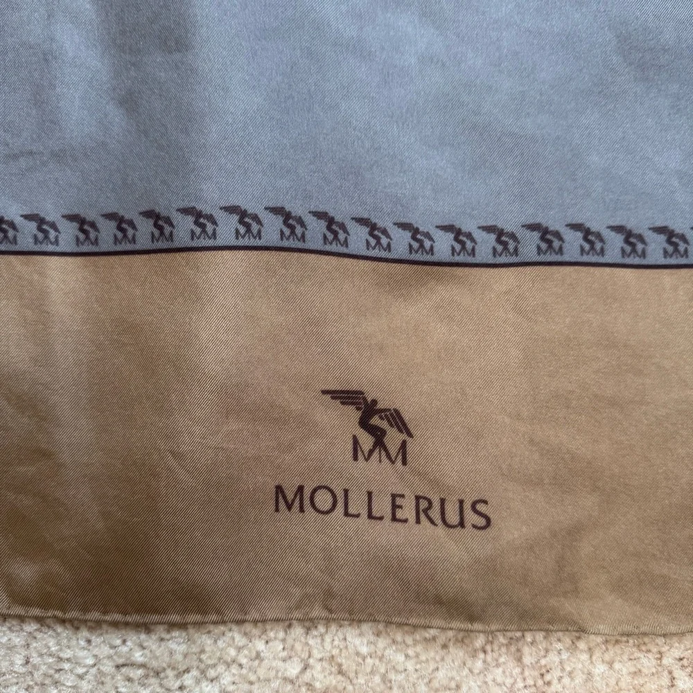 RARE Maison Mollerus Silk Scarf Square Logo Print Hand Rolled Brown Yellow